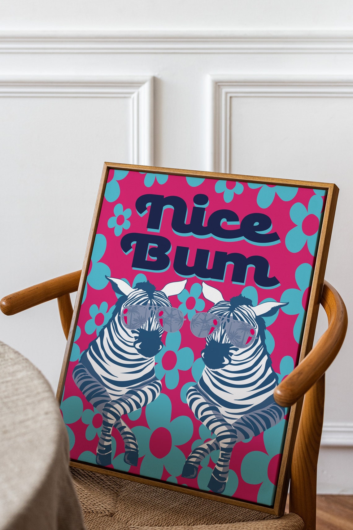 Hot Pink Nice Bum Zebras With Sunglasses Navy Retro Art Poster - Image 2