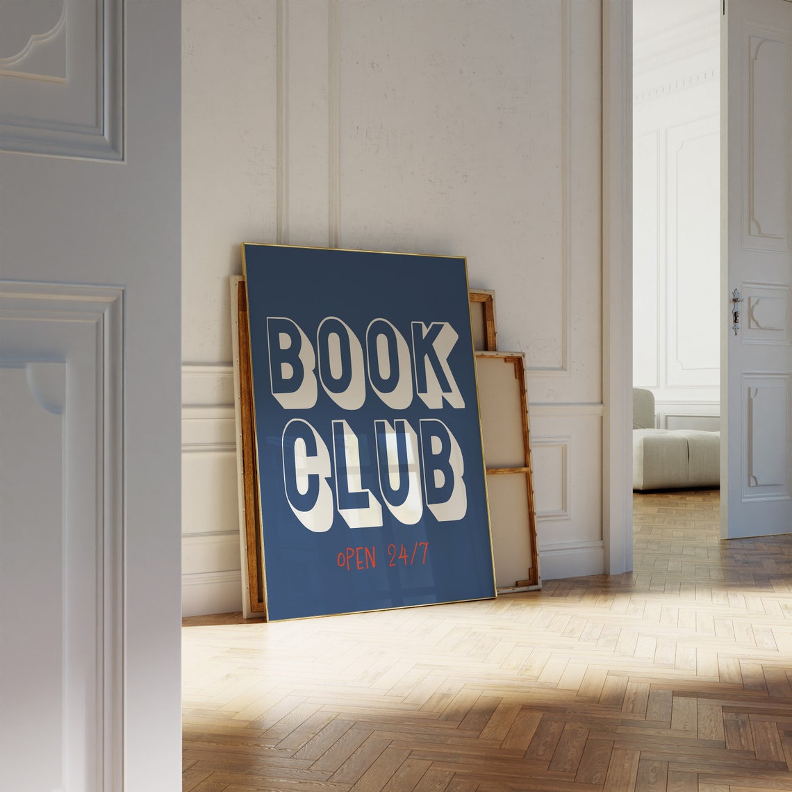 Navy Blue Book Club Open 24-7 Bold Typography Book Art Poster - Image 3