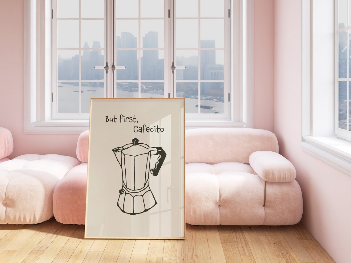 But First Cafecito Moka Pot Coffee Lover Line Art Decor Poster - Image 2