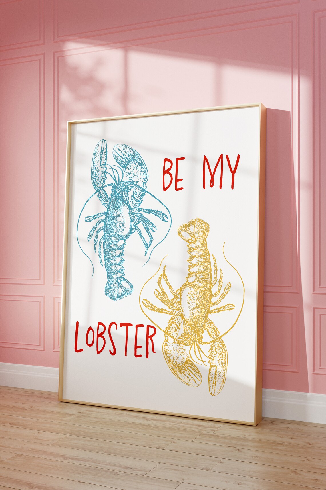 Be My Lobster Blue Yellow Vintage Sea Life Kitchen Art Wall Art