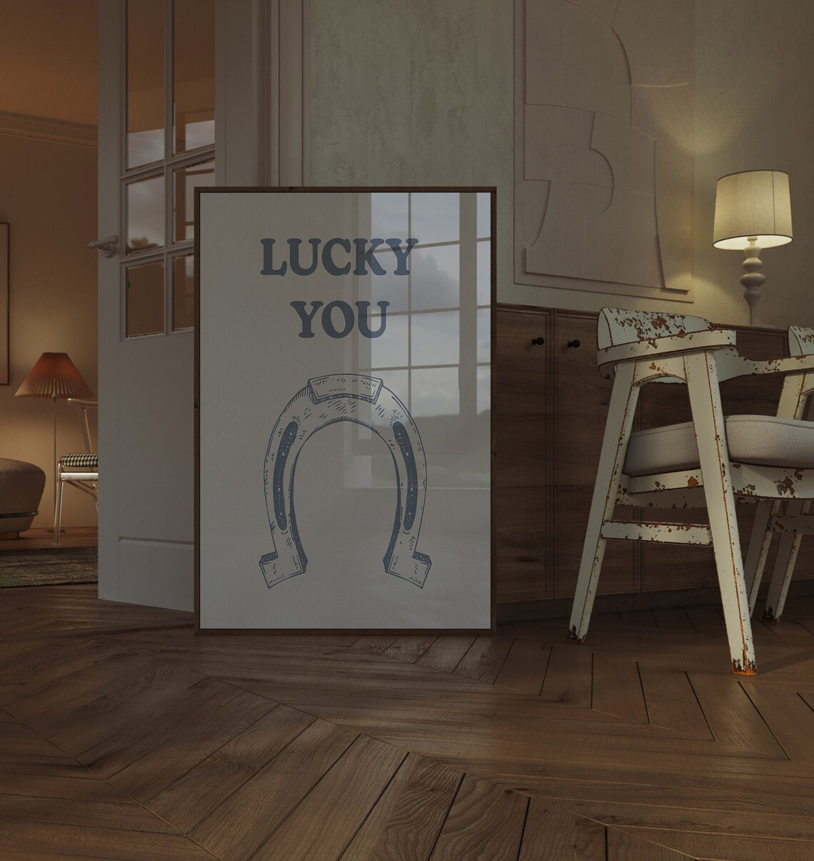 Lucky You Horseshoe Quote Blue Minimalist Western Decor Poster - Image 2