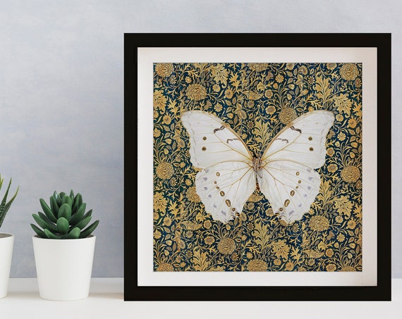 Butterfly Print Square Print Vintage Floral Print Yellow And Blue Art Nouveau