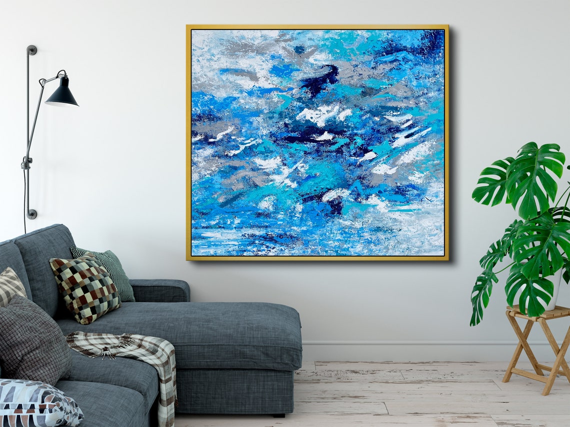 Blue Turquoise Ocean Waves Crashing Abstract Art Modern Wall Poster - Image 2