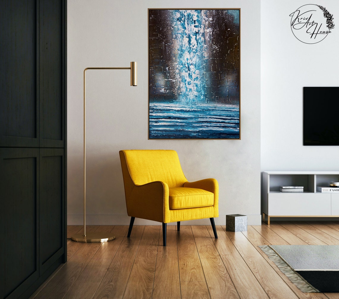 Tall Turquoise Waterfall Blue Sea Dark Rocks Textured Art Poster - Image 3