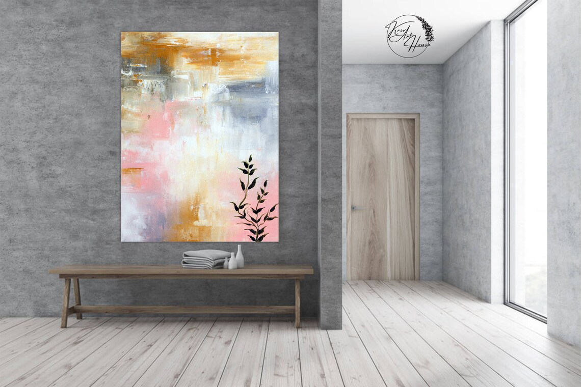 Blush Pink Gold Grey Abstract With Black Botanical Branch Poster - Image 2