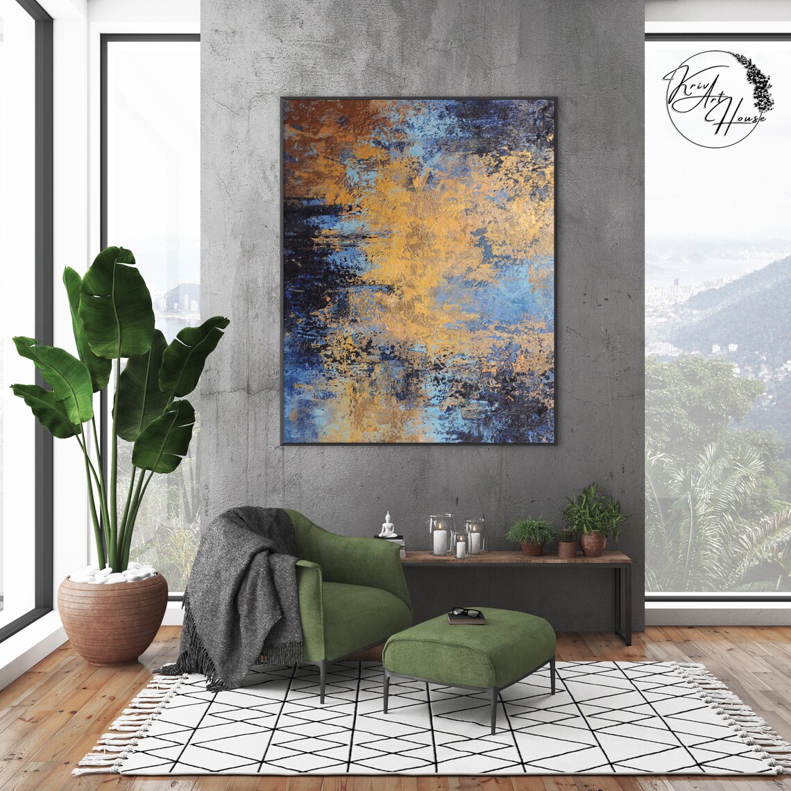 Abstract Painting in Blue and Gold, Office Art Print - Image 4