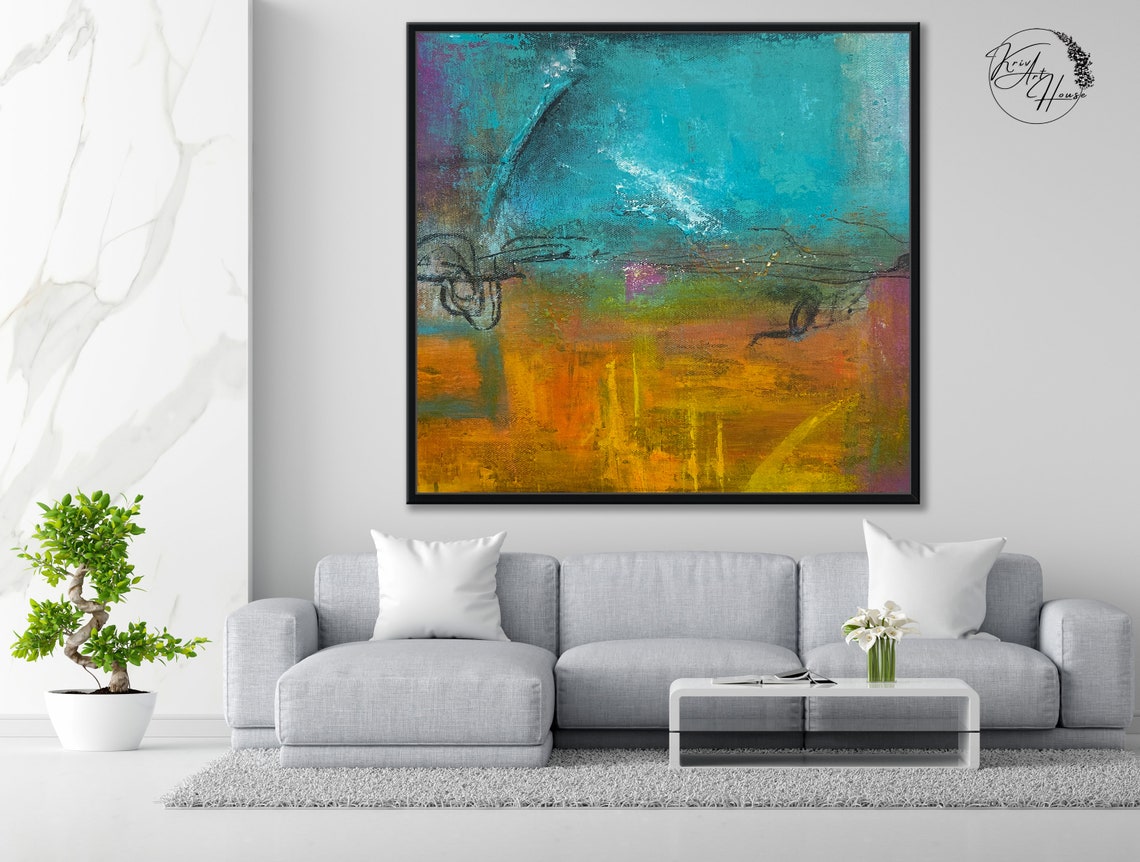 Teal Amber Abstract Horizon Thin Line Modern Art Wall Poster - Image 4