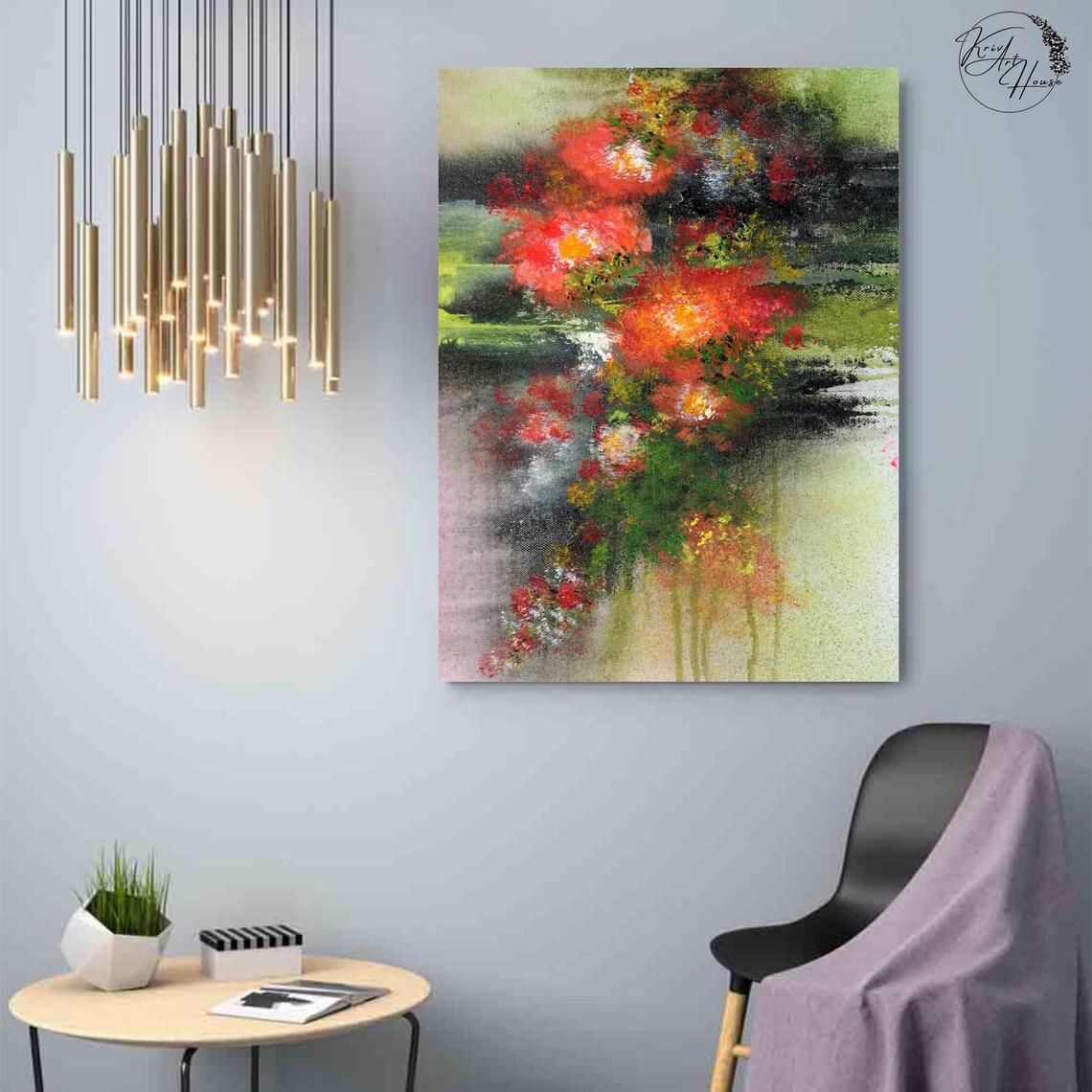 Red and Green Abstract Floral Modern Painting Vibrant Wall Poster - Image 3