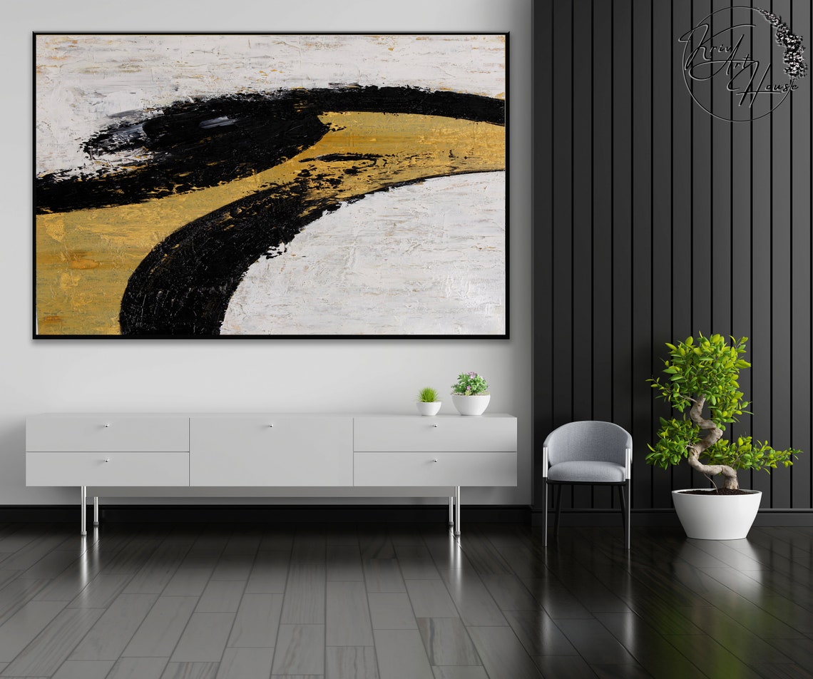 Gold Black Bold Brushstroke Minimalist Abstract Wall Art Print - Image 2