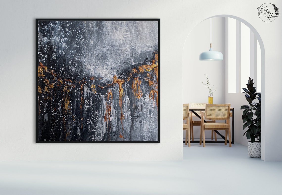Dark Navy Gold Night Ocean Textured Abstract Horizontal Poster - Image 3