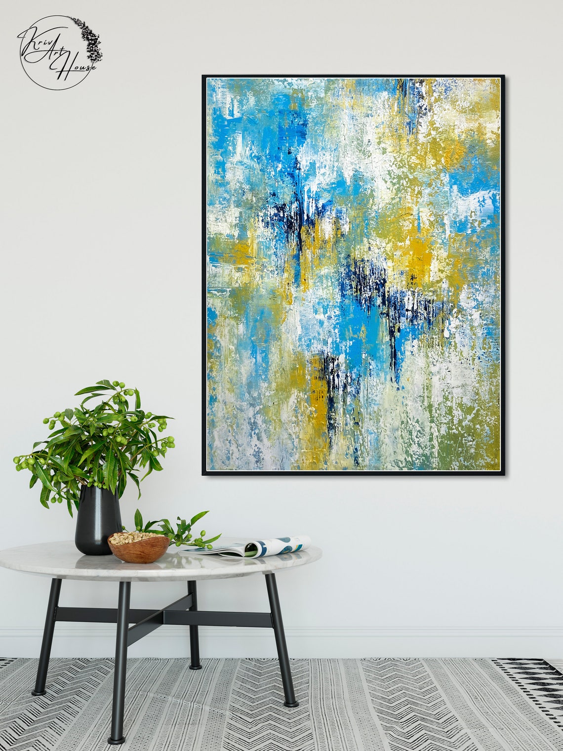 Blue and Yellow Vibrant Splatter Abstract Modern Wall Art Poster - Image 2