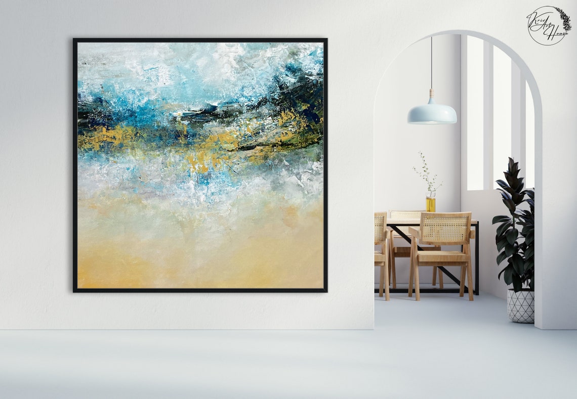 Blue Gold White Misty Coast Abstract Painting Calm Modern Wall Poster - Image 4