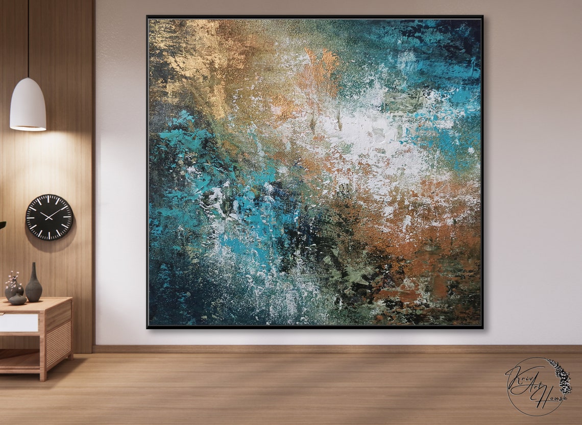 Teal Copper White Earthy Mottled Textured Square Wall Art Poster - Image 2