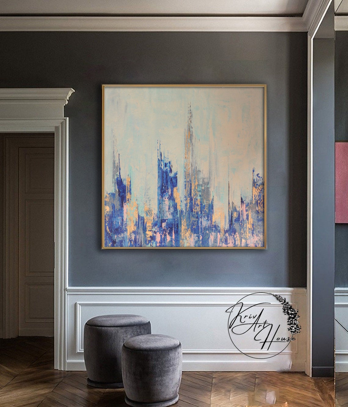 Blue Gold Abstract City Skyline Dreamy Painting Modern Wall Poster - Image 3
