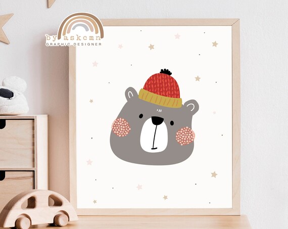Cozy Gray Bear Red Beanie Winter Style Cute Nursery Animal Wall Decor Poster