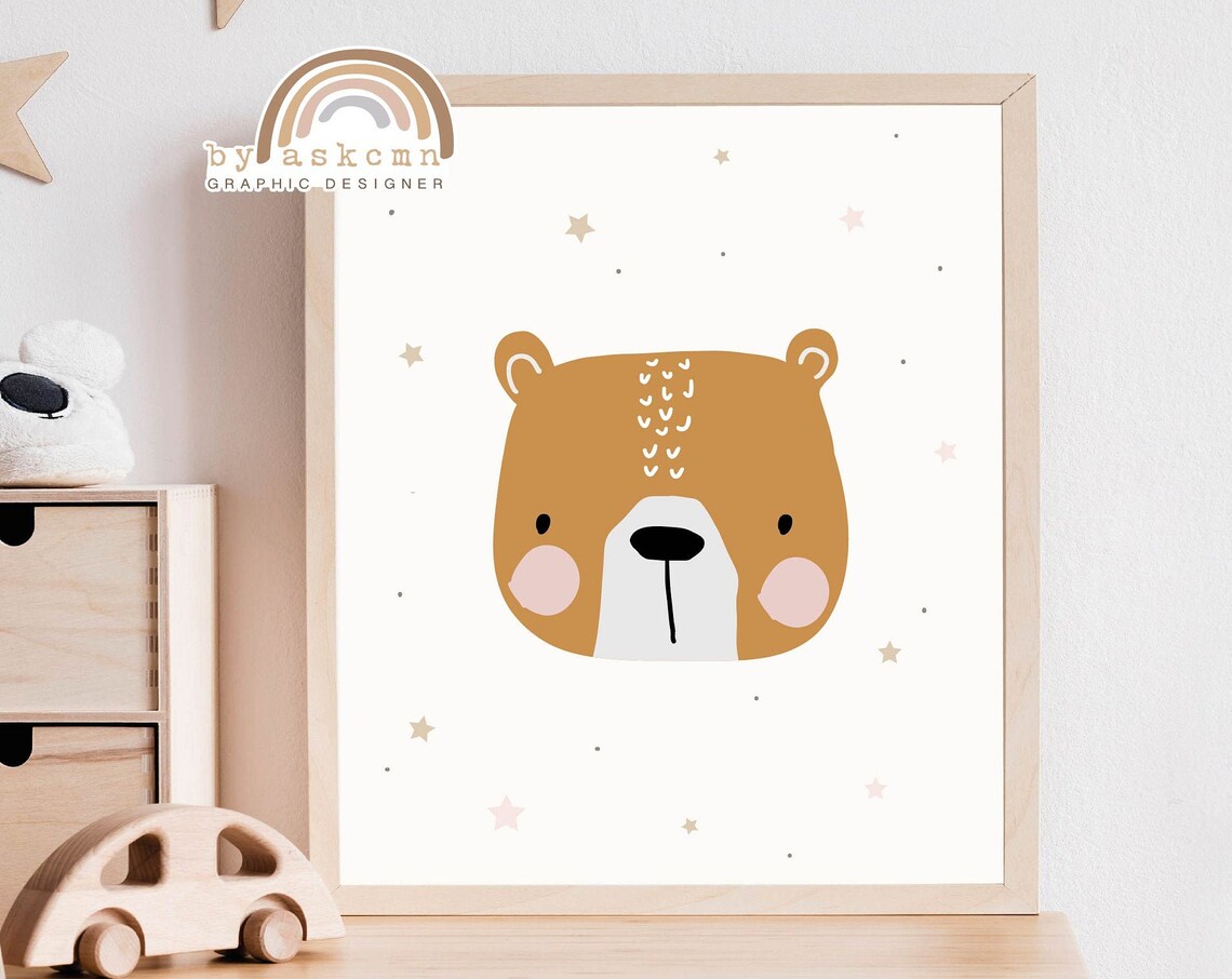 Caramel Bear Pink Blush Cheeks Starry Cute Nursery Animal Wall Decor Poster