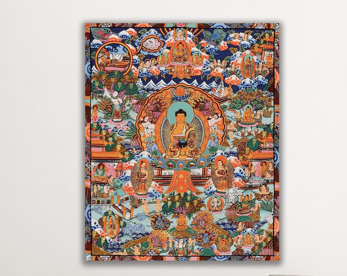 Buddha Life Story Colorful Tibetan Thangka Style Buddhist Art Poster
