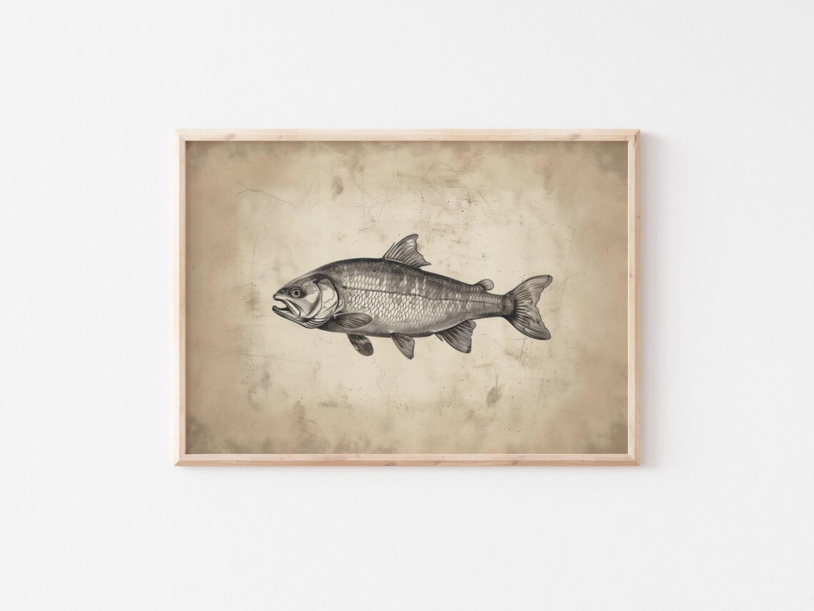 Vintage Trout Sketch Fishing Wall Art Fish Decor Lakehouse Print Boys Room Hunting Nursery Rustic Artwork - Image 2