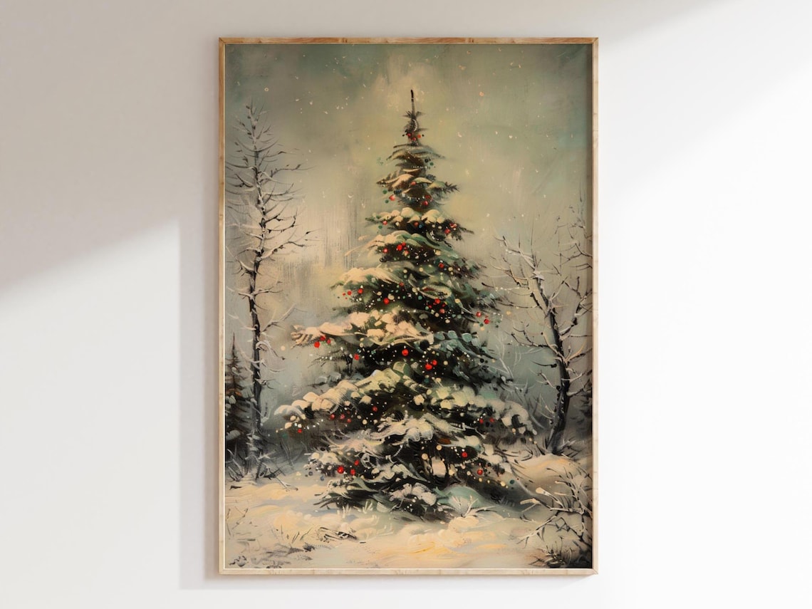 Snowy Vintage Christmas Tree With Red Ornaments Oil Painting Poster