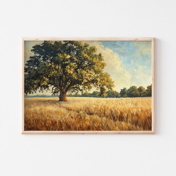 Vintage Tree Painting Oak Tree In A Wheat Field Print Rustic Farmhouse Wall Decor Wall Artwork