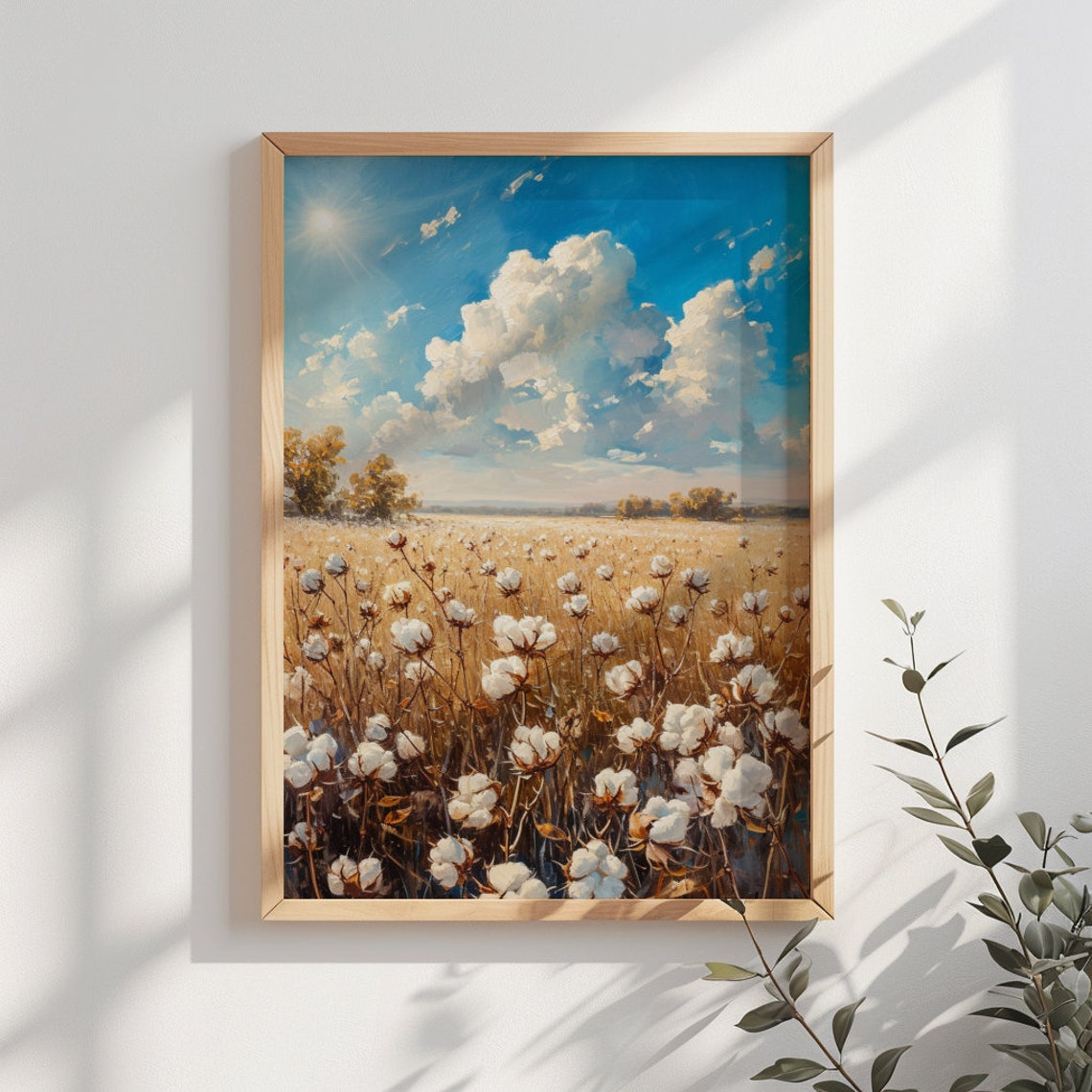 Cotton Field Painting Print Rustic Farmhouse Decor Wall Art Vintage Farm Artwork