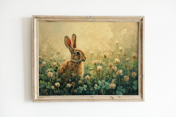 Bunny in Clover Meadow Golden Vintage Rabbit Painting Nursery Wall Poster