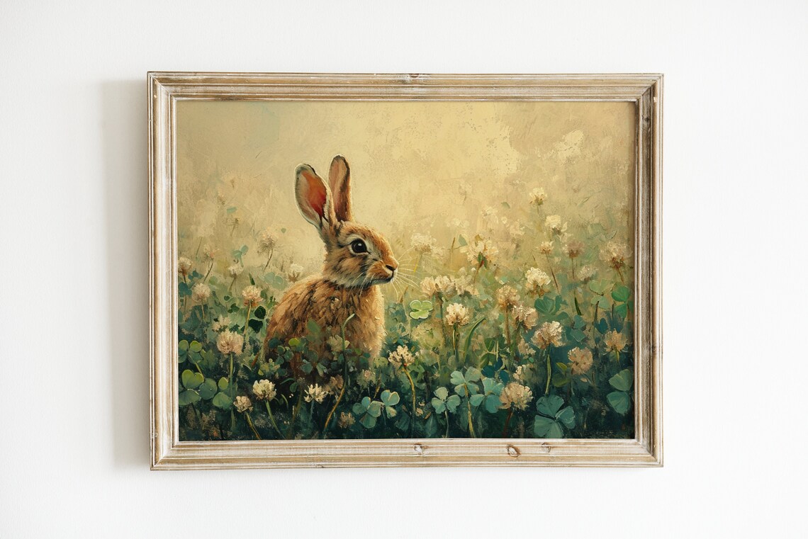 Bunny in Clover Meadow Golden Vintage Rabbit Painting Nursery Wall Poster