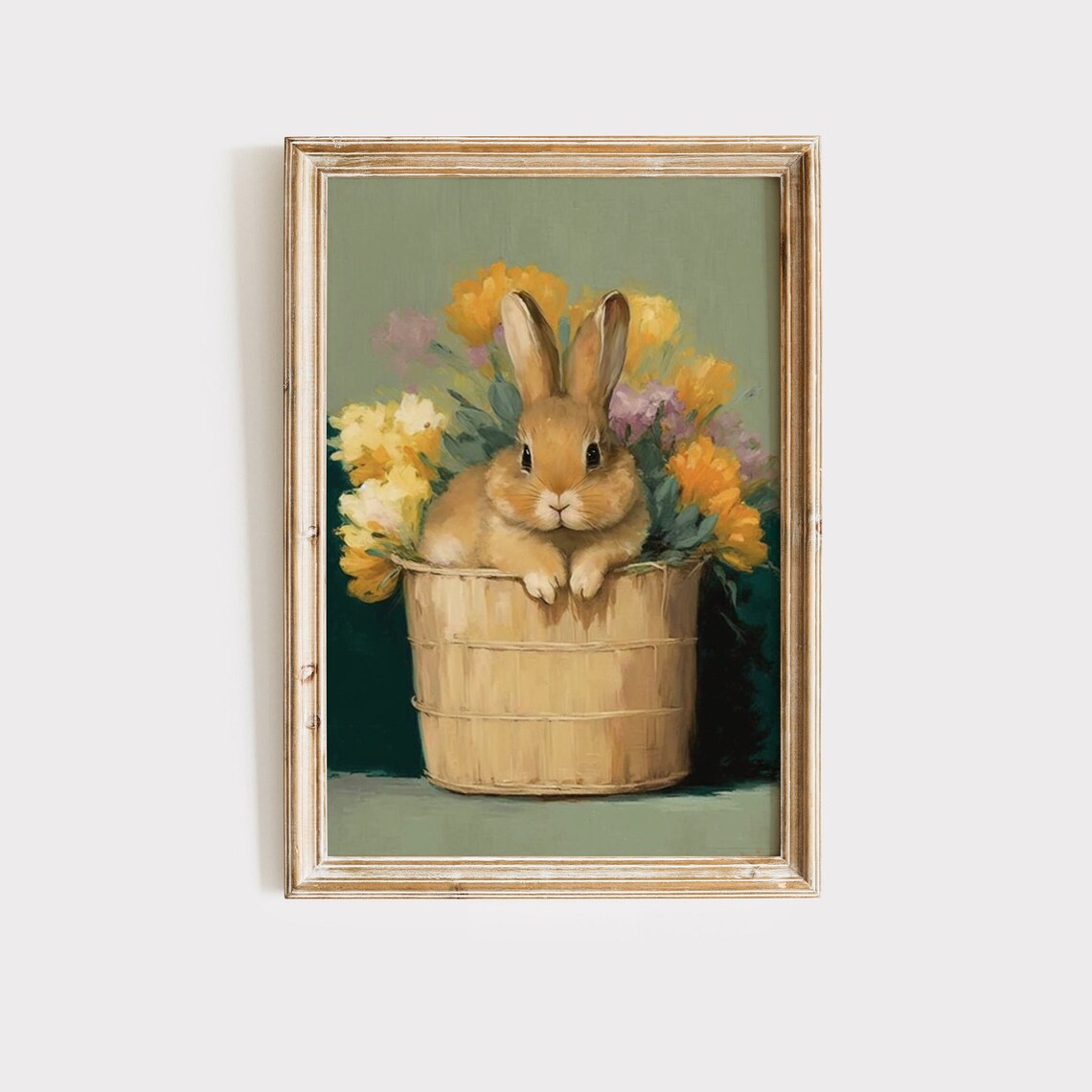Bunny In Basket With Yellow Flowers Sage Green Easter Wall Art Poster