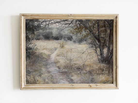 Vintage Neutral Landscape Painting Countryside Print Muted Wall Art Farmhouse Rustic Decor Antique Oil Painting