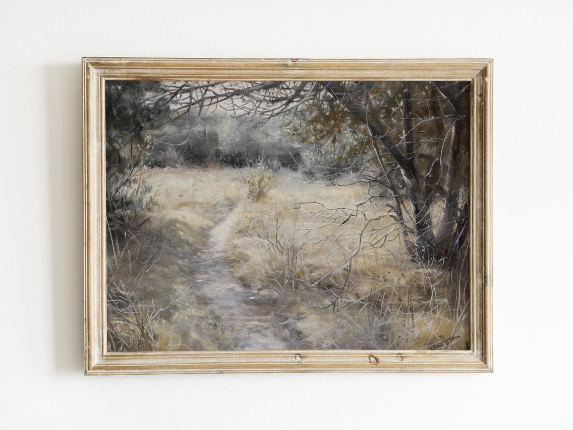 Vintage Neutral Landscape Painting Countryside Print Muted Wall Art Farmhouse Rustic Decor Antique Oil Painting