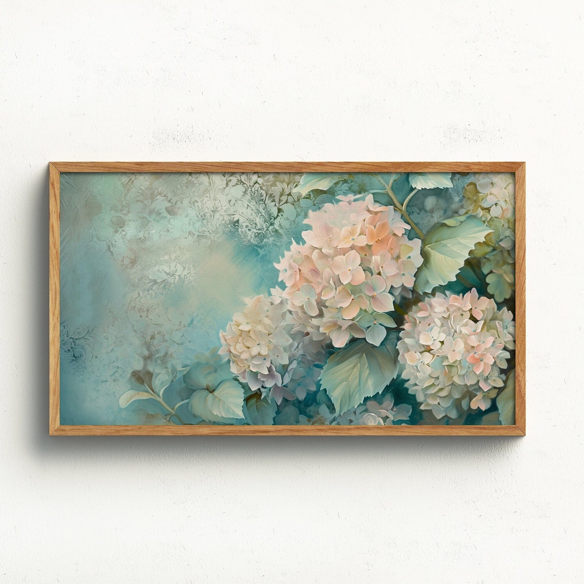Blush Hydrangea Blooms Teal Background Vintage Floral Art Wall Poster