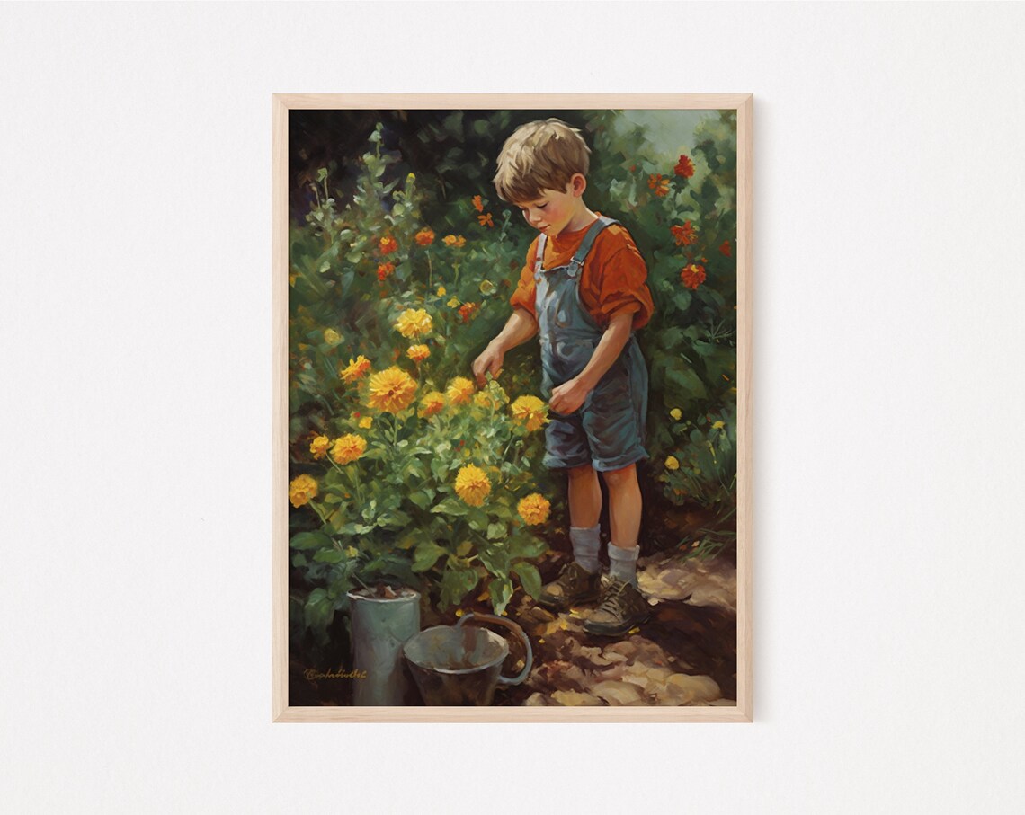 Little Boy Picking Marigolds Garden Vintage Oil Painting Nursery Print - Image 2
