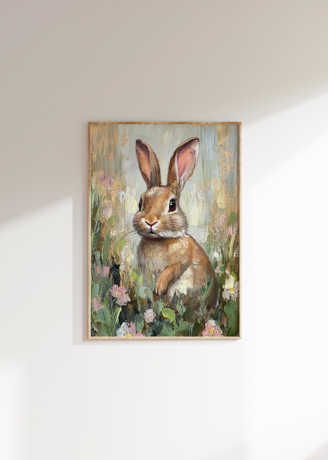 Sweet Brown Bunny Among Spring Wildflowers Oil Painting Art Print - Image 2