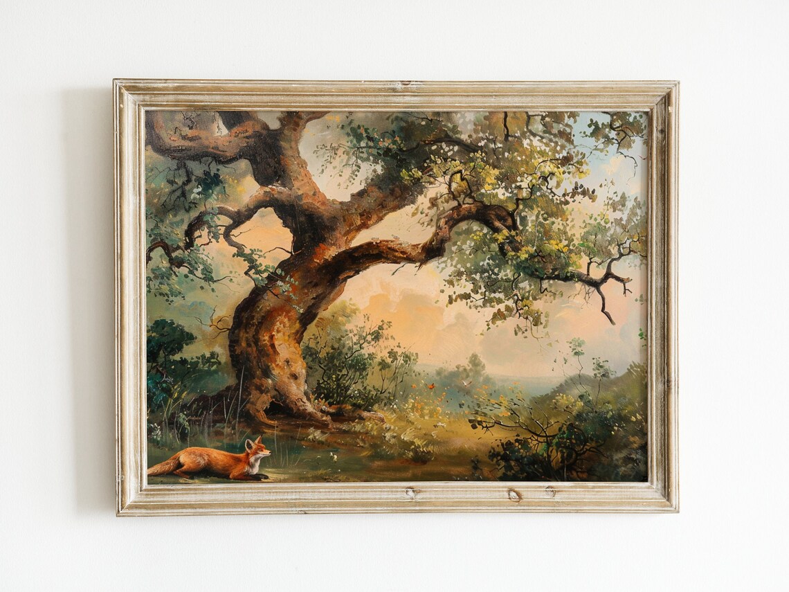 Red Fox Resting Under Giant Oak Tree Sunset Landscape Vintage Painting Poster