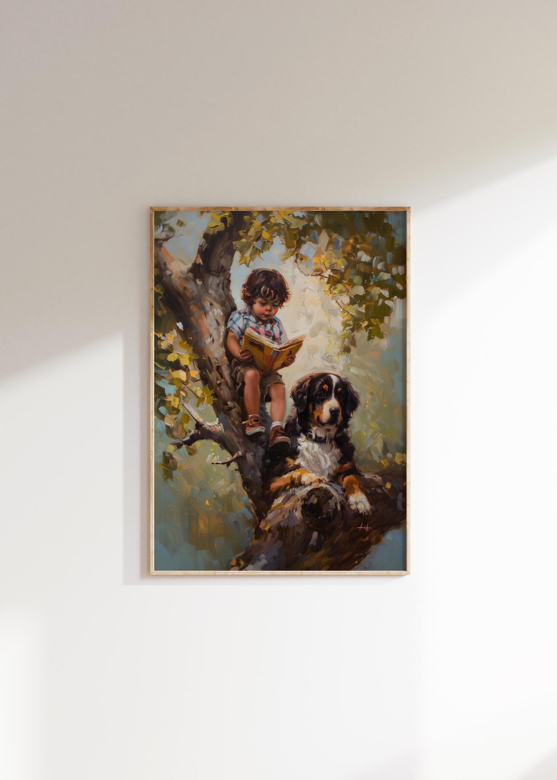 Boy Reading with Bernese Mountain Dog in a Tree Oil Painting Poster - Image 2