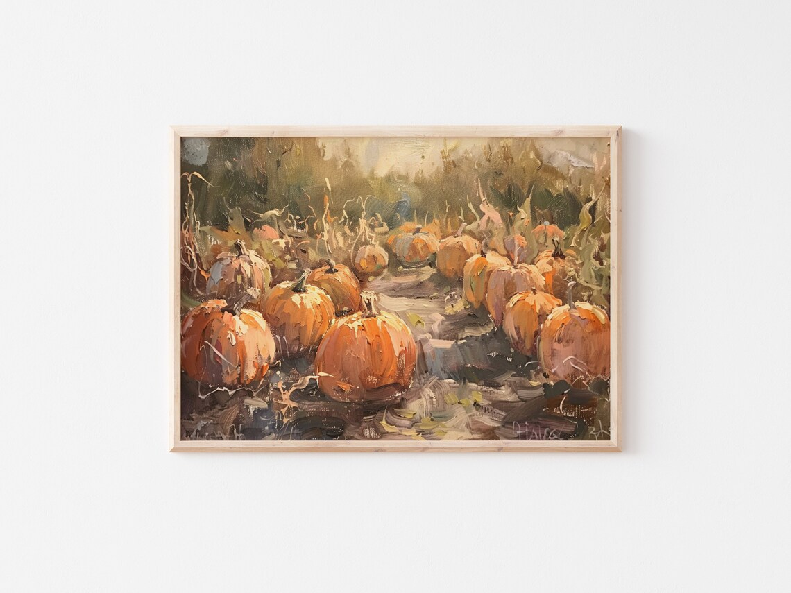 Rustic Pumpkin Patch Rows Orange Pumpkins Harvest Oil Painting Fall Poster - Image 2
