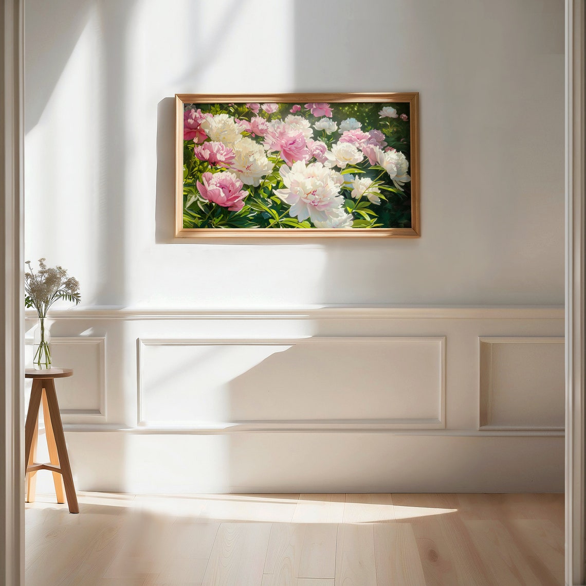 Pink White Peonies Close Up Sunlit Blooms Impressionist Art Poster - Image 2