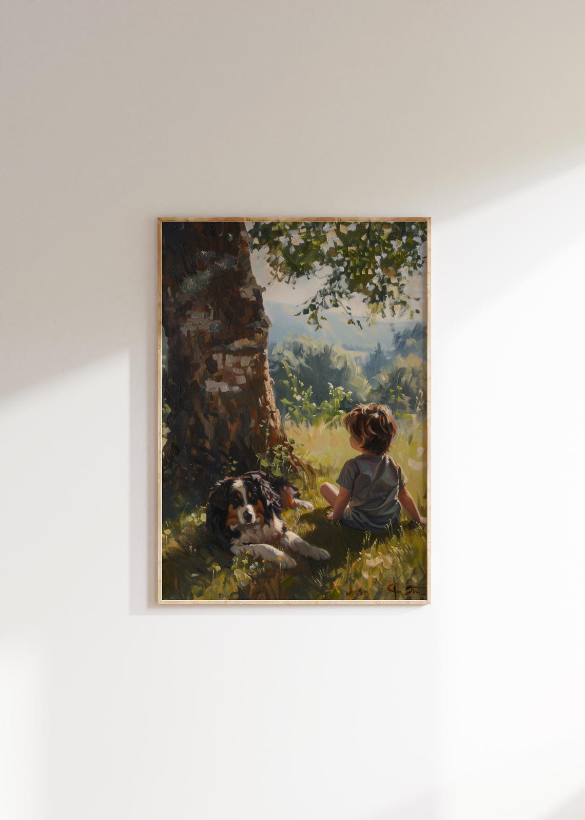 Young Boy Sitting With Bernese Mountain Dog Under Big Tree Wall Art - Image 2