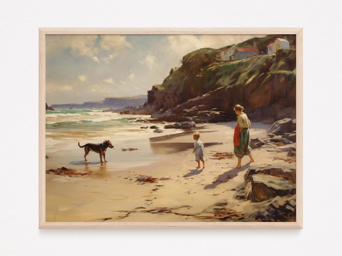 Vintage Beach Landscape Oil Painting, Coastal Art Print - Image 2