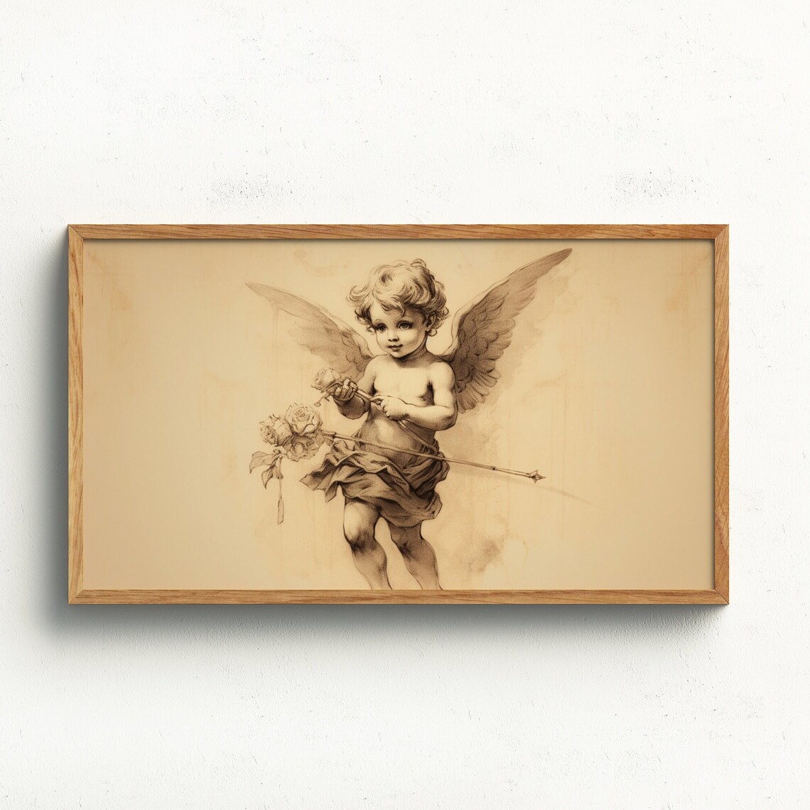 Sepia Cupid Drawing Arrow With Roses Valentine Love Art Wall Print