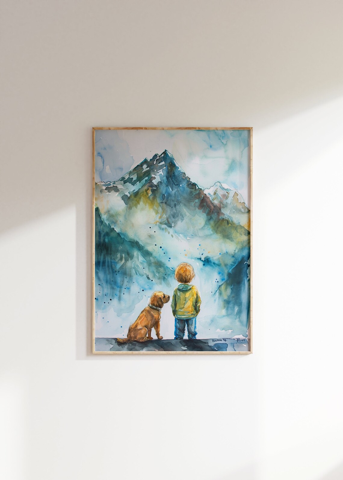 Boy And Dog Nursery Print Watercolor Painting Animal Wall Art Puppy Mountain Nature Toddler Baby Room Artwork - Image 2