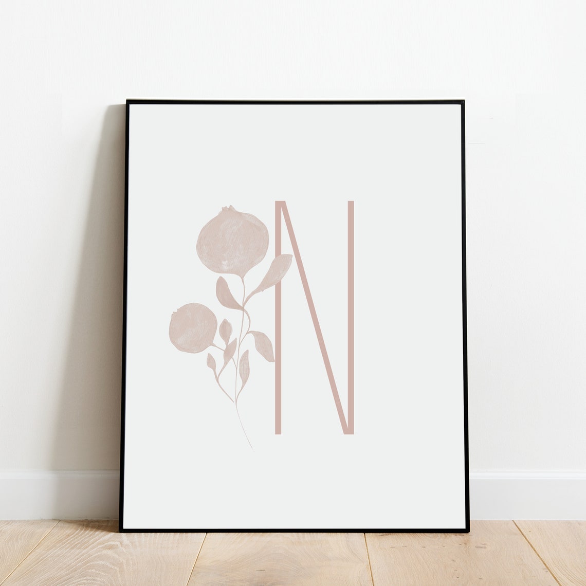 Letter N Botanical Initial Wall Art with Black Branch Silhouette - Image 2