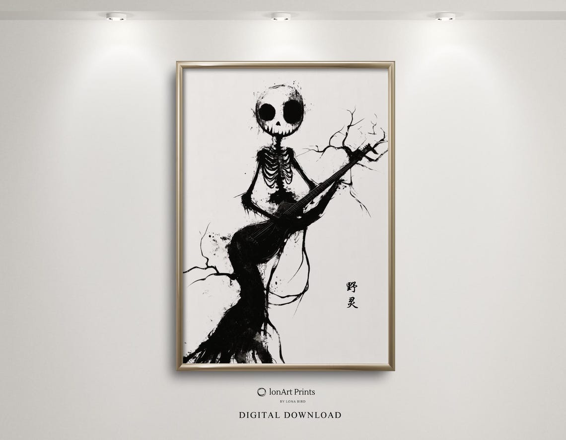 Skeleton Guitarist Japanese Ink Sumi E Dark Music Room Art Poster