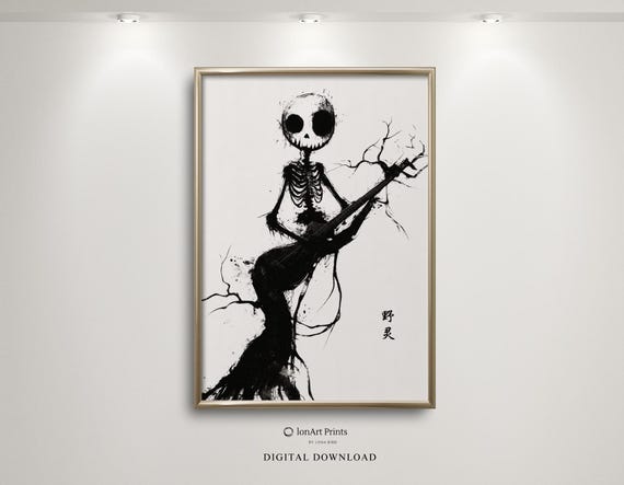 Haunting Skeleton Guitarist Art Gothic Halloween Playing Guitar Dark Japaneseinspired Wall Black Chinese Ink Spooky