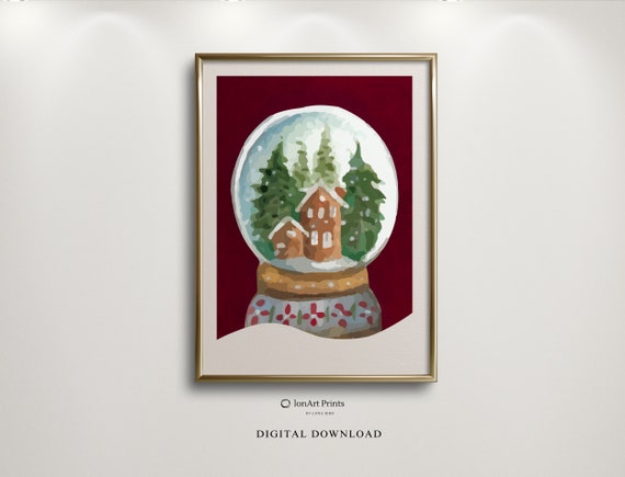 Winter Watercolour Crystal Ball Festive Country House Christmas Decor Cozyholiday Snow Globe Illustration Evening