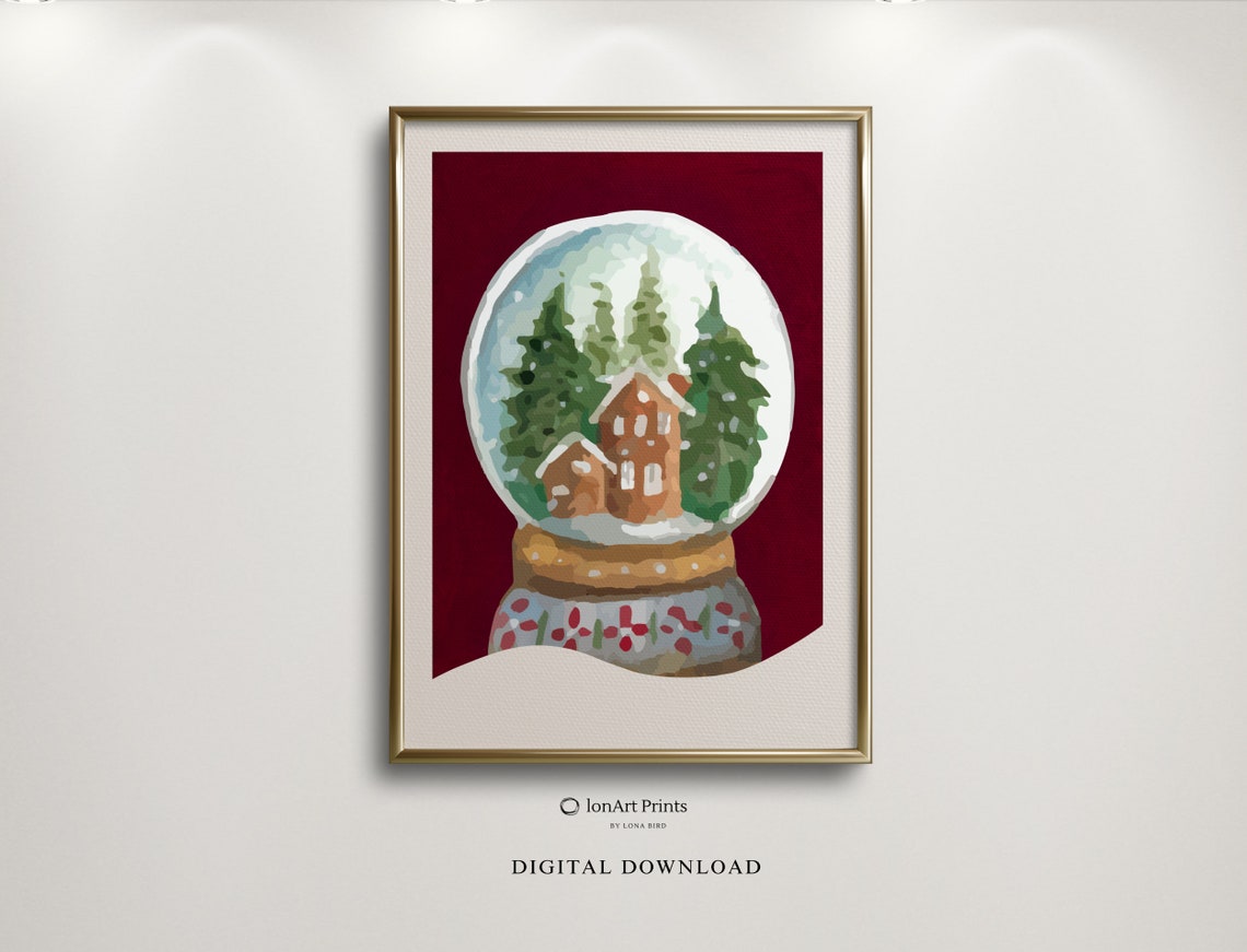 Christmas Snow Globe Red House Pines Festive Watercolor Style Poster