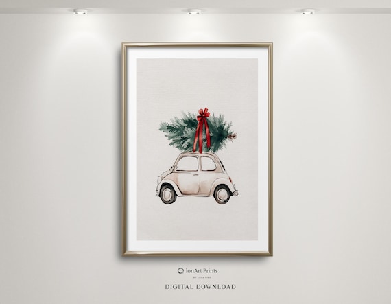 Vintage Christmas Car With Tree, Festive Watercolor Art Print