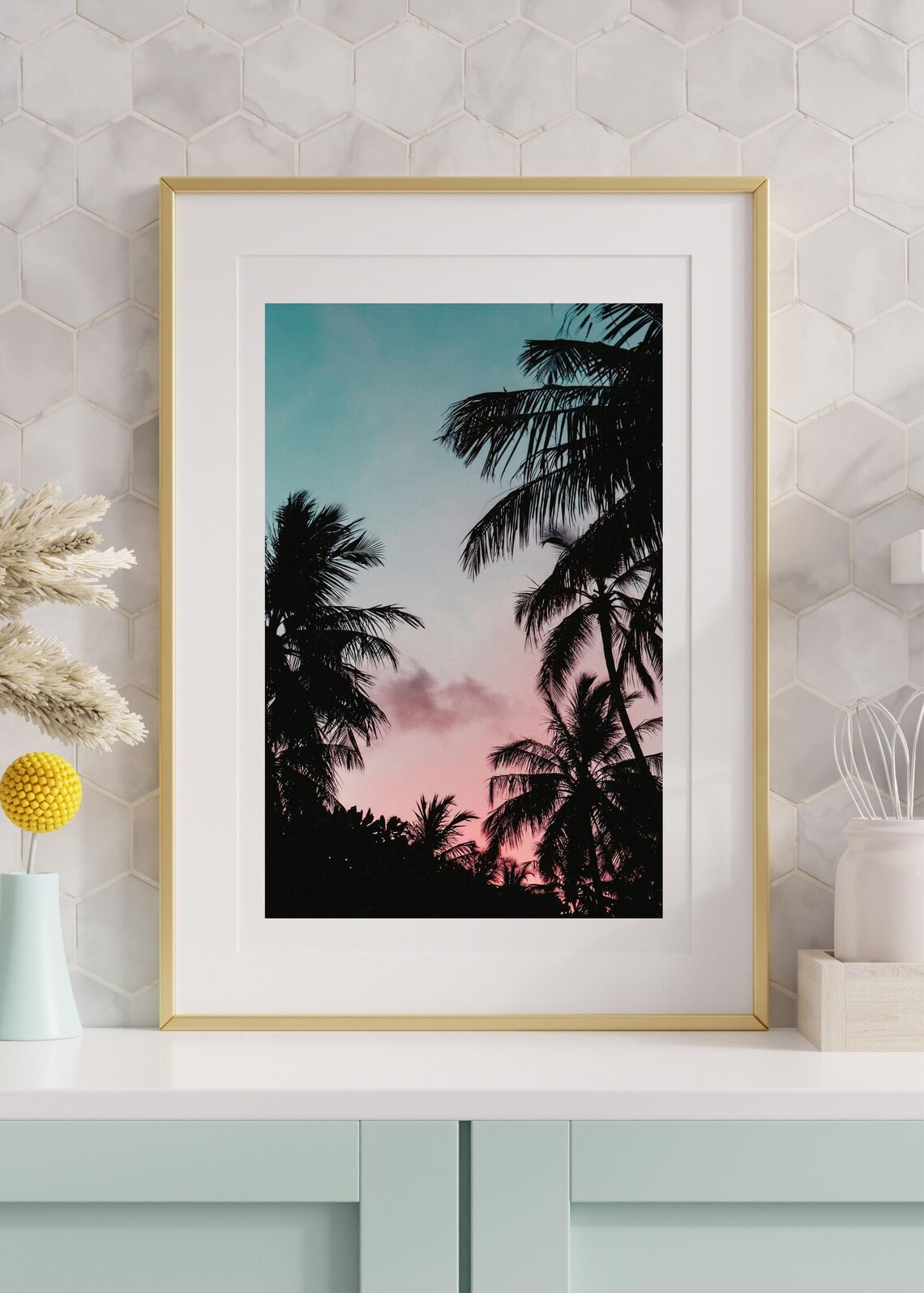 Tropical Sunset Palm Trees Pink Teal Sky Coastal Photography Poster