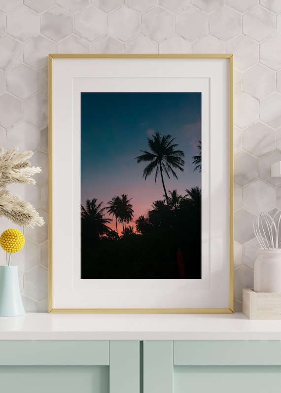 Sunset Palm Tree Silhouettes Against a Pink Twilight Sky Beach Poster