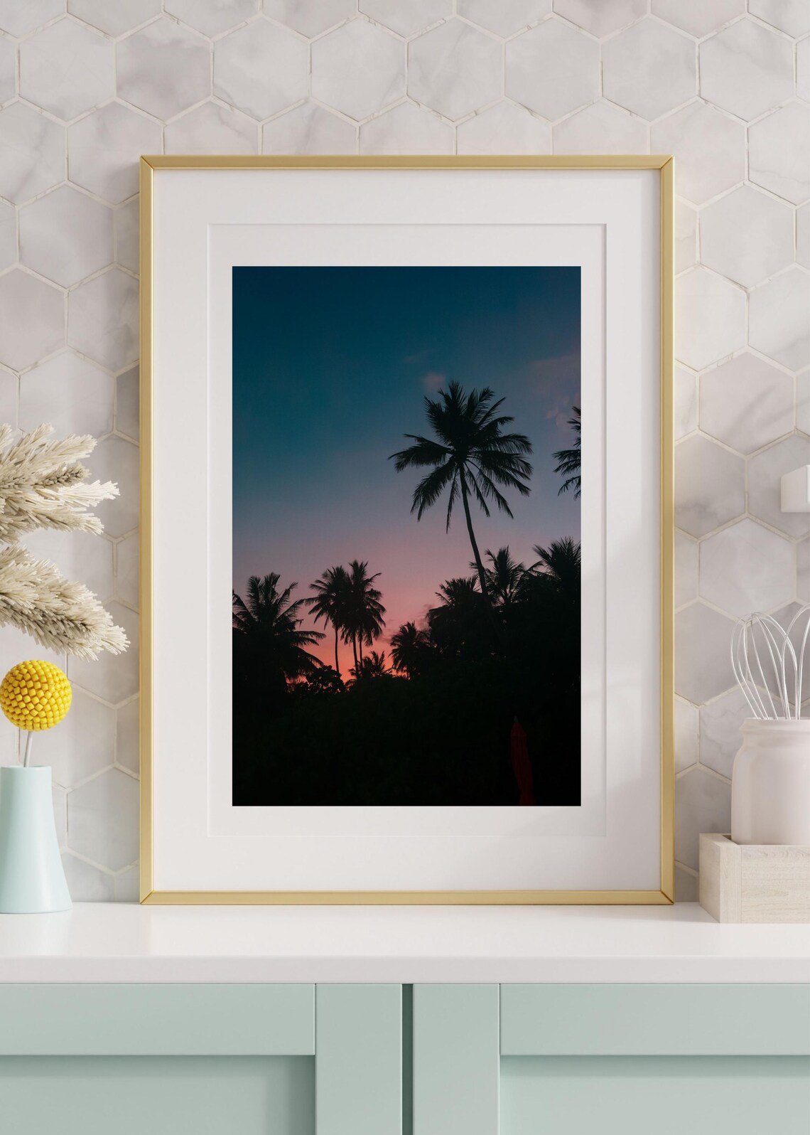 Sunset Palm Tree Silhouettes Against a Pink Twilight Sky Beach Poster